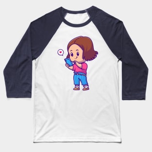 Cute Girl Playing SmartPhone Cartoon Baseball T-Shirt